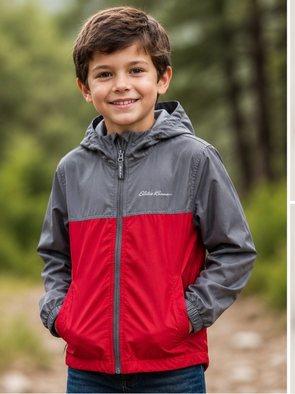 Eddie Bauer Kids Hooded Windbreaker Jacket Gray Red XS 5/6 Lightweight